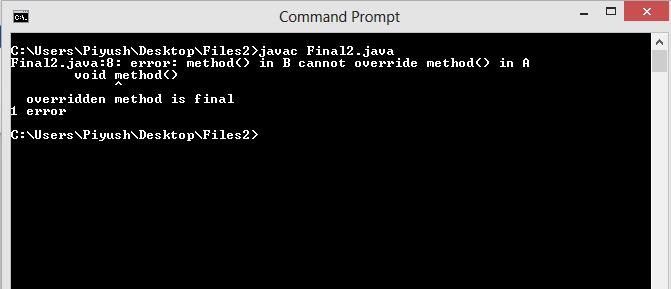 This image describes the output of sample program supporting the concept of final keyword with method.